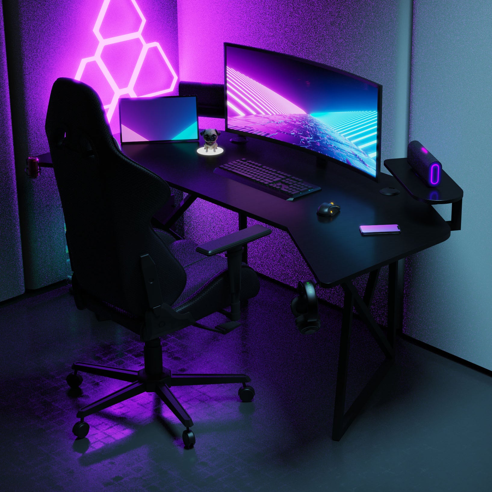 Pro 180 Gaming Desk Corner | Headphone & Drink Mounts (Carbon Fibre Black, 180cm) Gaming Desk - Gaming