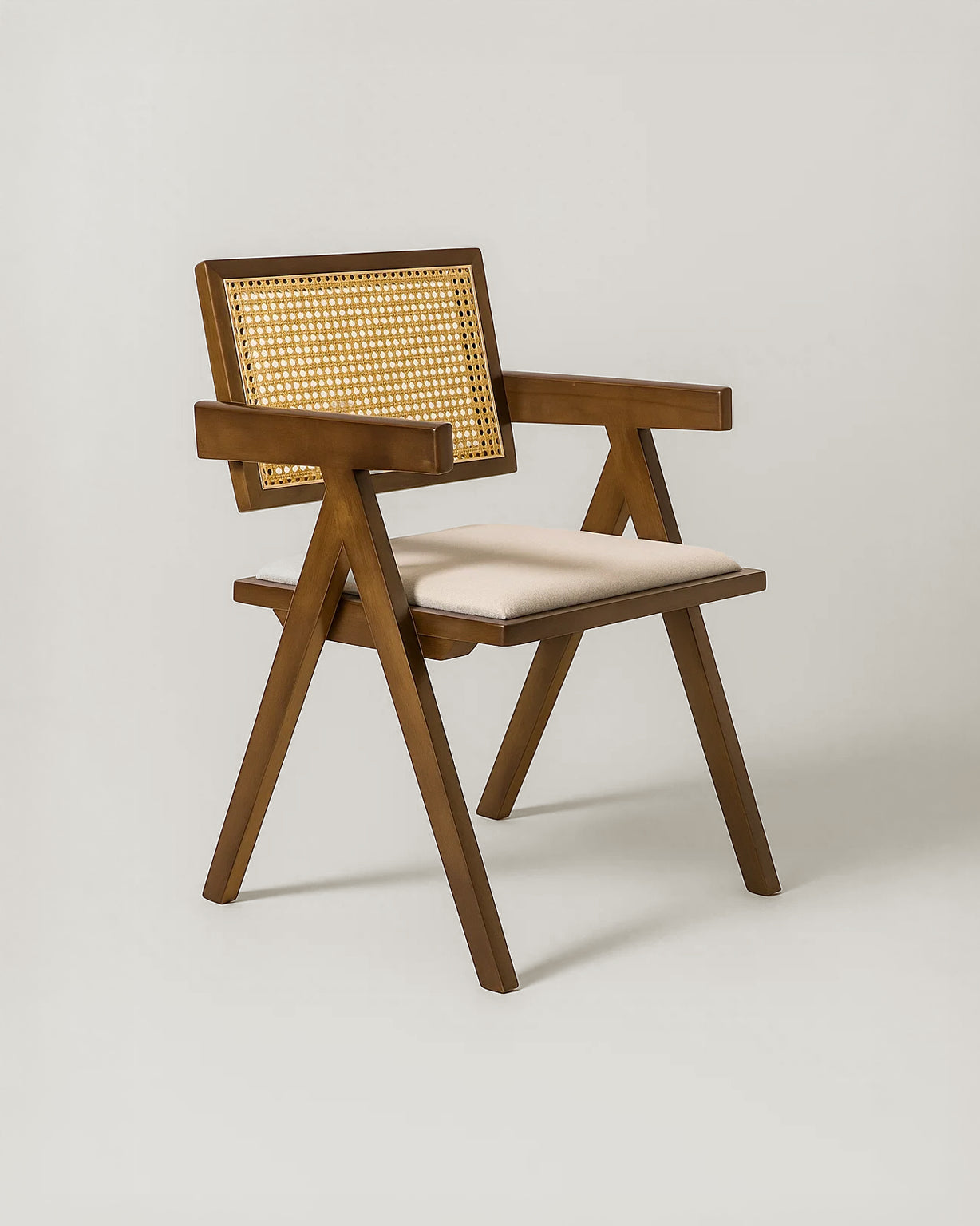 Chiva Rattan & Wood Dining Chair (Chestnut) – Rustic Boho Upholstered Chair with Armrests - Marcel Olsen