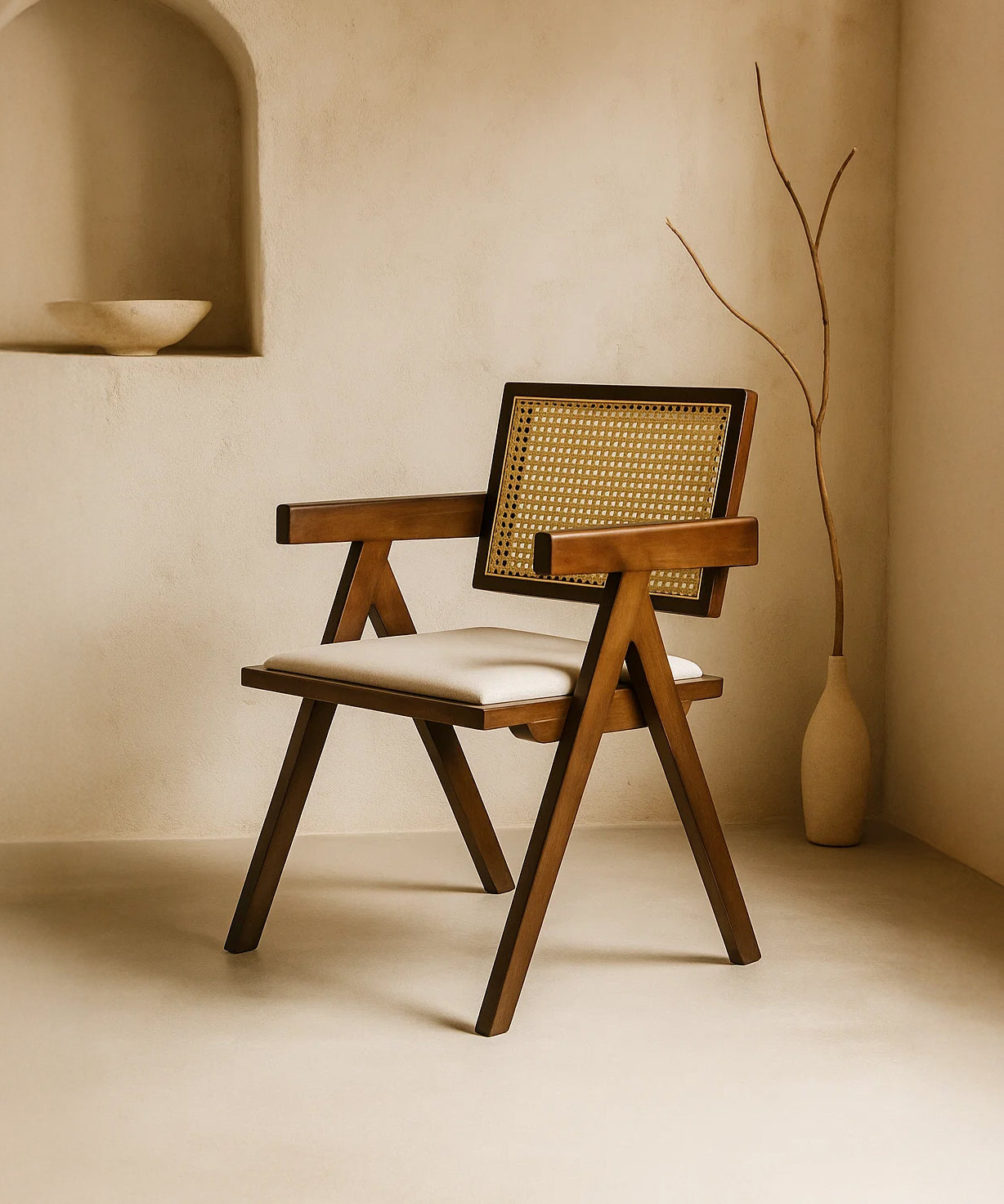 Chiva Rattan & Wood Dining Chair (Chestnut) – Rustic Boho Upholstered Chair with Armrests - Marcel Olsen