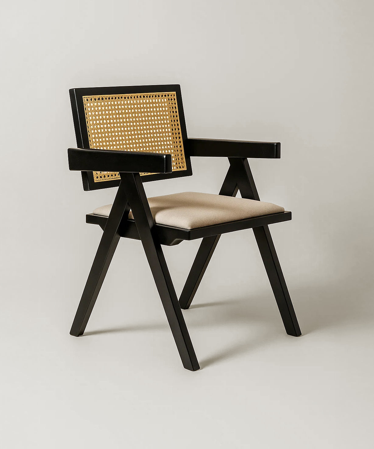 Chiva Rattan & Wood Dining Chair (Ebony) – Rustic Boho Upholstered Chair with Armrests (Outlet) Outlet Products - Marcel Olsen