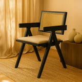 Chiva Rattan & Wood Dining Chair (Ebony) – Rustic Boho Upholstered Chair with Armrests (Outlet) Outlet Products - Marcel Olsen