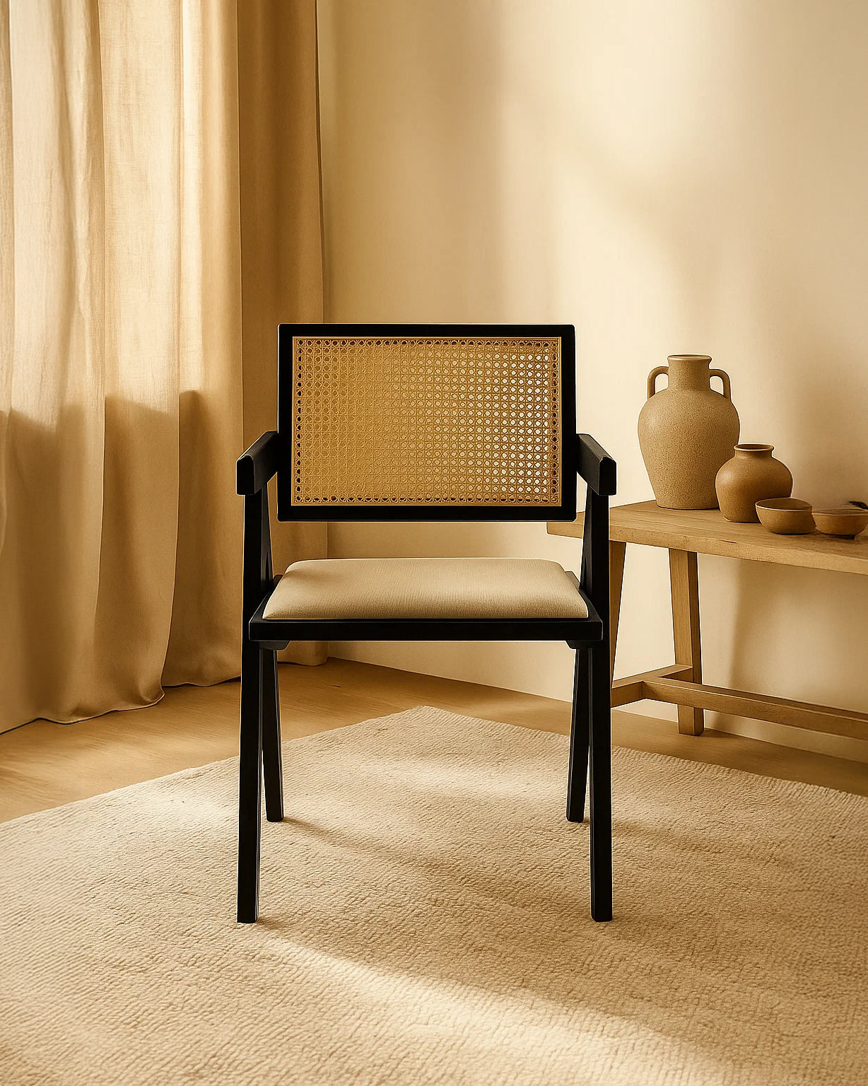 Chiva Rattan & Wood Dining Chair (Ebony) – Rustic Boho Upholstered Chair with Armrests (Outlet) Outlet Products - Marcel Olsen