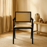 Chiva Rattan & Wood Dining Chair (Ebony) – Rustic Boho Upholstered Chair with Armrests (Outlet) Outlet Products - Marcel Olsen