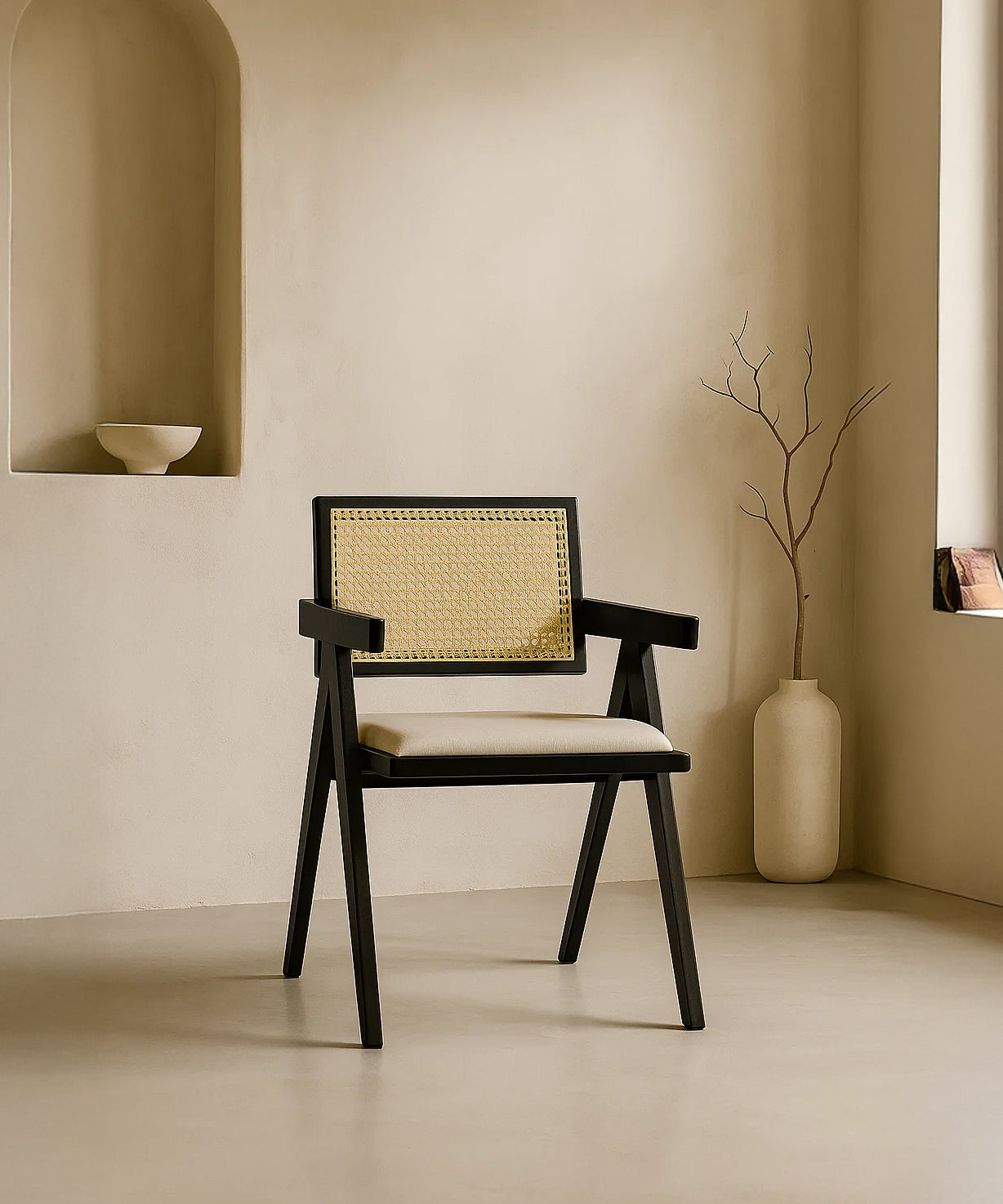 Chiva Rattan & Wood Dining Chair (Ebony) – Rustic Boho Upholstered Chair with Armrests (Outlet) Outlet Products - Marcel Olsen