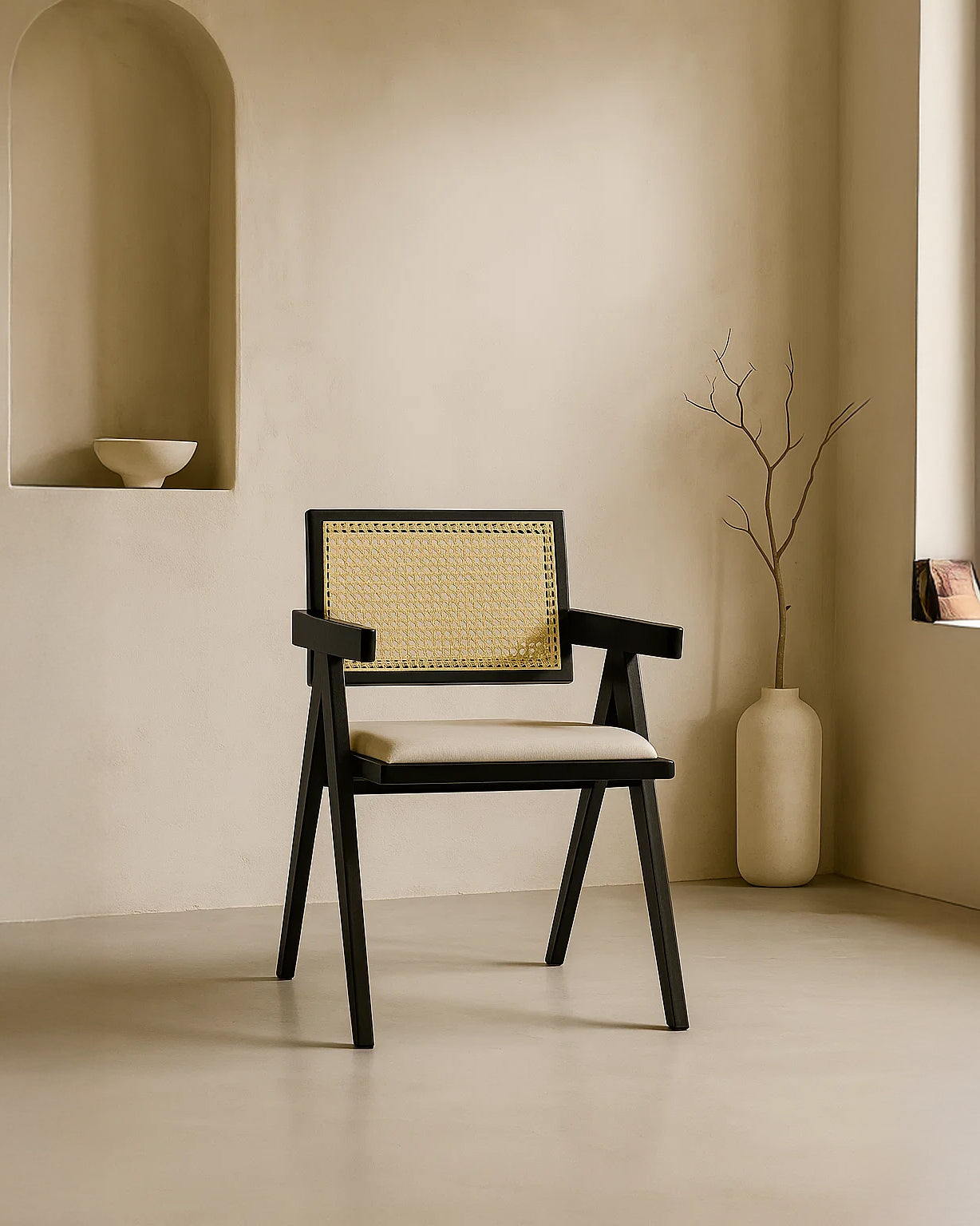 Chiva Rattan & Wood Dining Chair (Ebony) – Rustic Boho Upholstered Chair with Armrests (Outlet) Outlet Products - Marcel Olsen