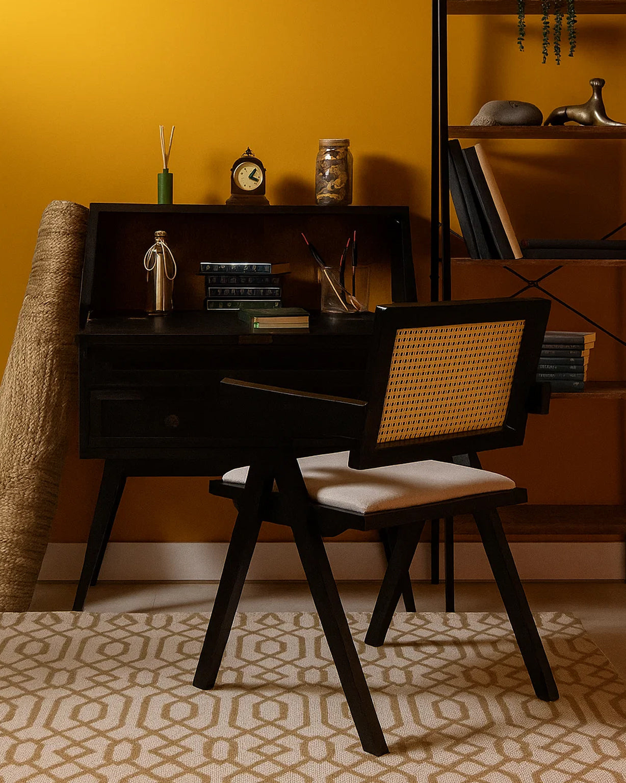 Chiva Rattan & Wood Dining Chair (Ebony) – Rustic Boho Upholstered Chair with Armrests (Outlet) Outlet Products - Marcel Olsen