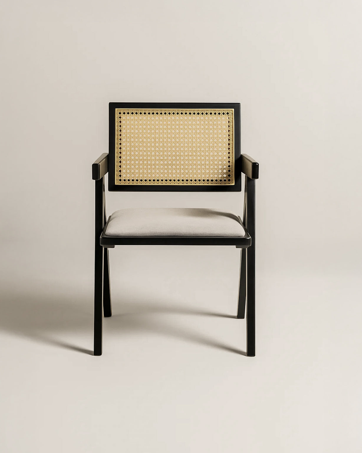 Chiva Rattan & Wood Dining Chair (Ebony) – Rustic Boho Upholstered Chair with Armrests (Outlet) Outlet Products - Marcel Olsen