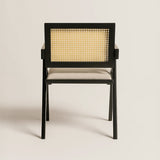 Chiva Rattan & Wood Dining Chair (Ebony) – Rustic Boho Upholstered Chair with Armrests (Outlet) Outlet Products - Marcel Olsen