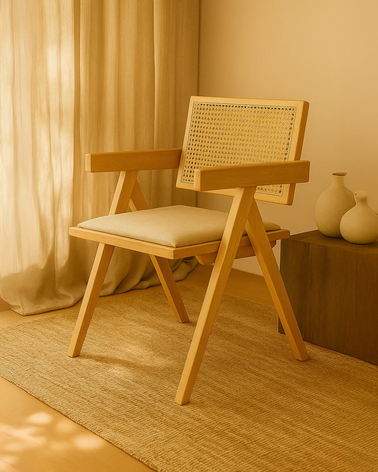 Chiva Rattan & Wood Dining Chair (Natural) – Rustic Boho Upholstered Chair with Armrests - Marcel Olsen