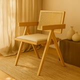 Chiva Rattan & Wood Dining Chair (Natural) – Rustic Boho Upholstered Chair with Armrests - Marcel Olsen