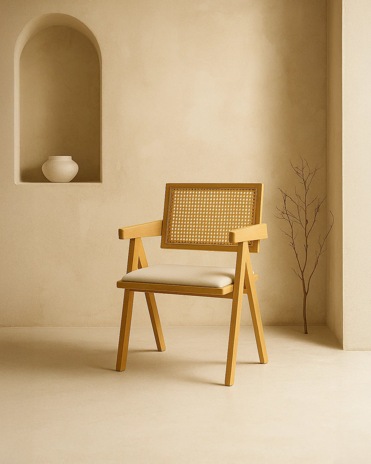Chiva Rattan & Wood Dining Chair (Natural) – Rustic Boho Upholstered Chair with Armrests - Marcel Olsen