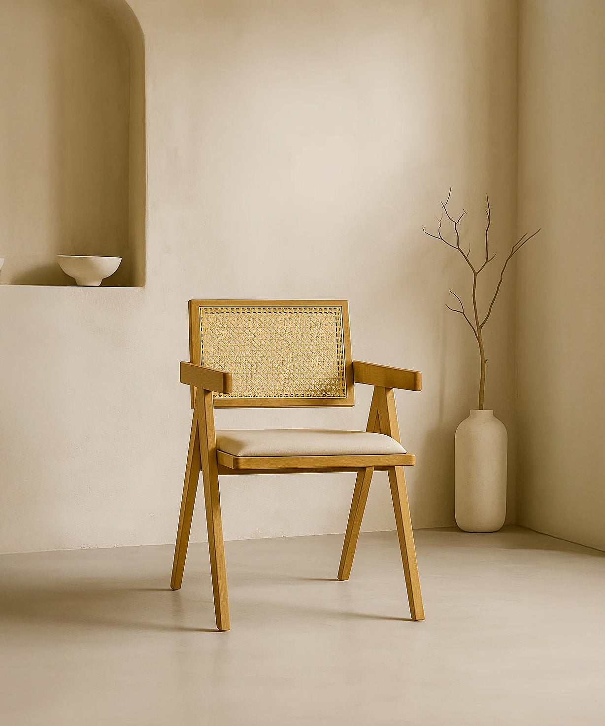 Chiva Rattan & Wood Dining Chair (Natural) – Rustic Boho Upholstered Chair with Armrests - Marcel Olsen