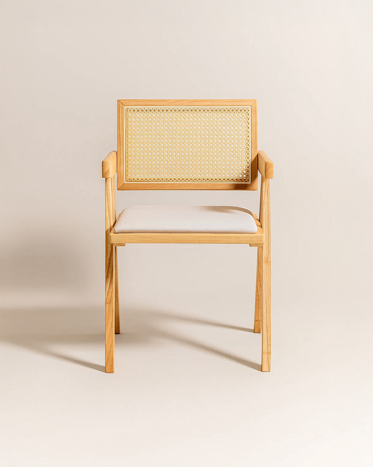 Chiva Rattan & Wood Dining Chair (Natural) – Rustic Boho Upholstered Chair with Armrests - Marcel Olsen