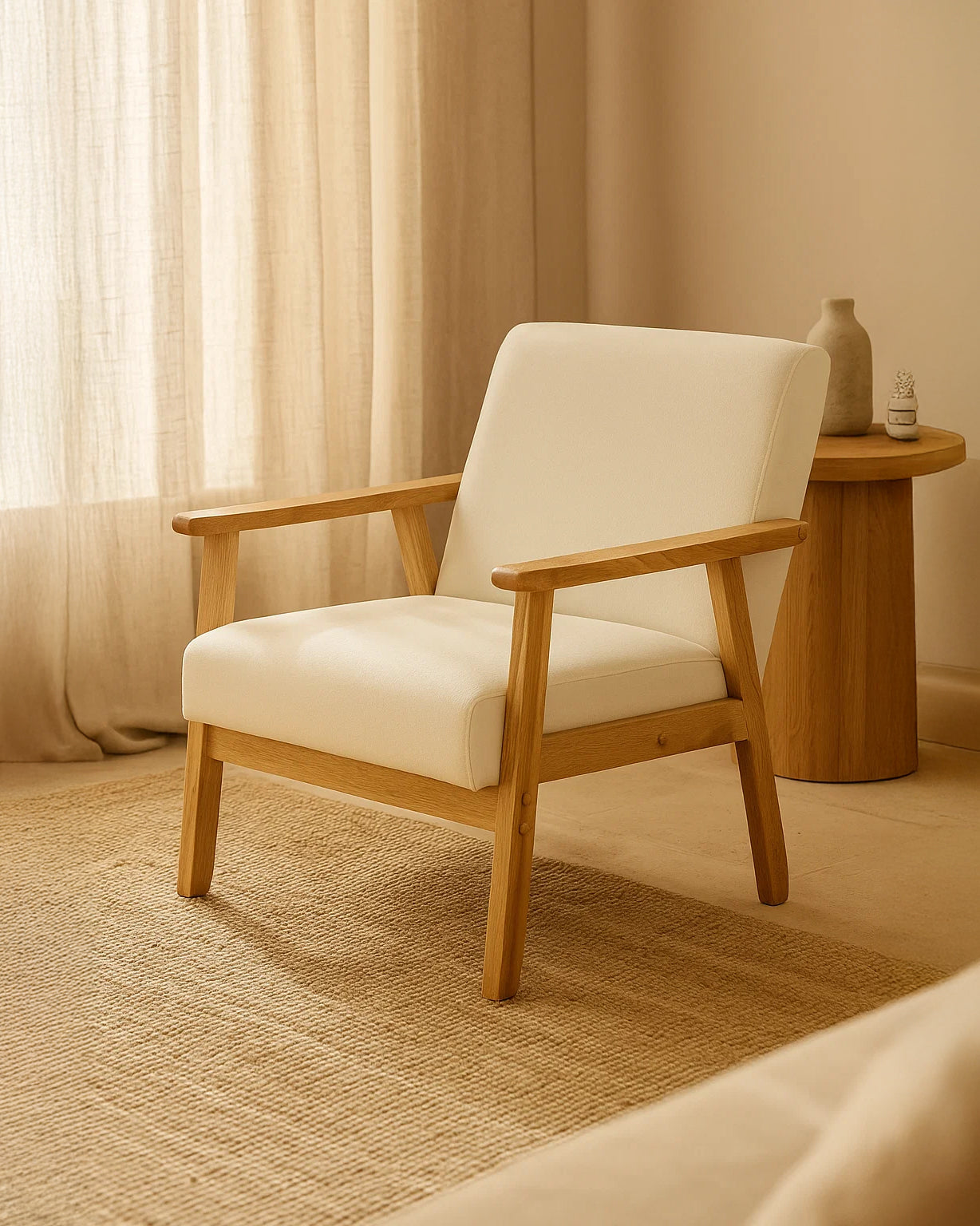 Sarria Mid-century Upholstered Armchair (Arena Beige Fabric) – Scandinavian Style 1 Seater Sofa - Marcel Olsen