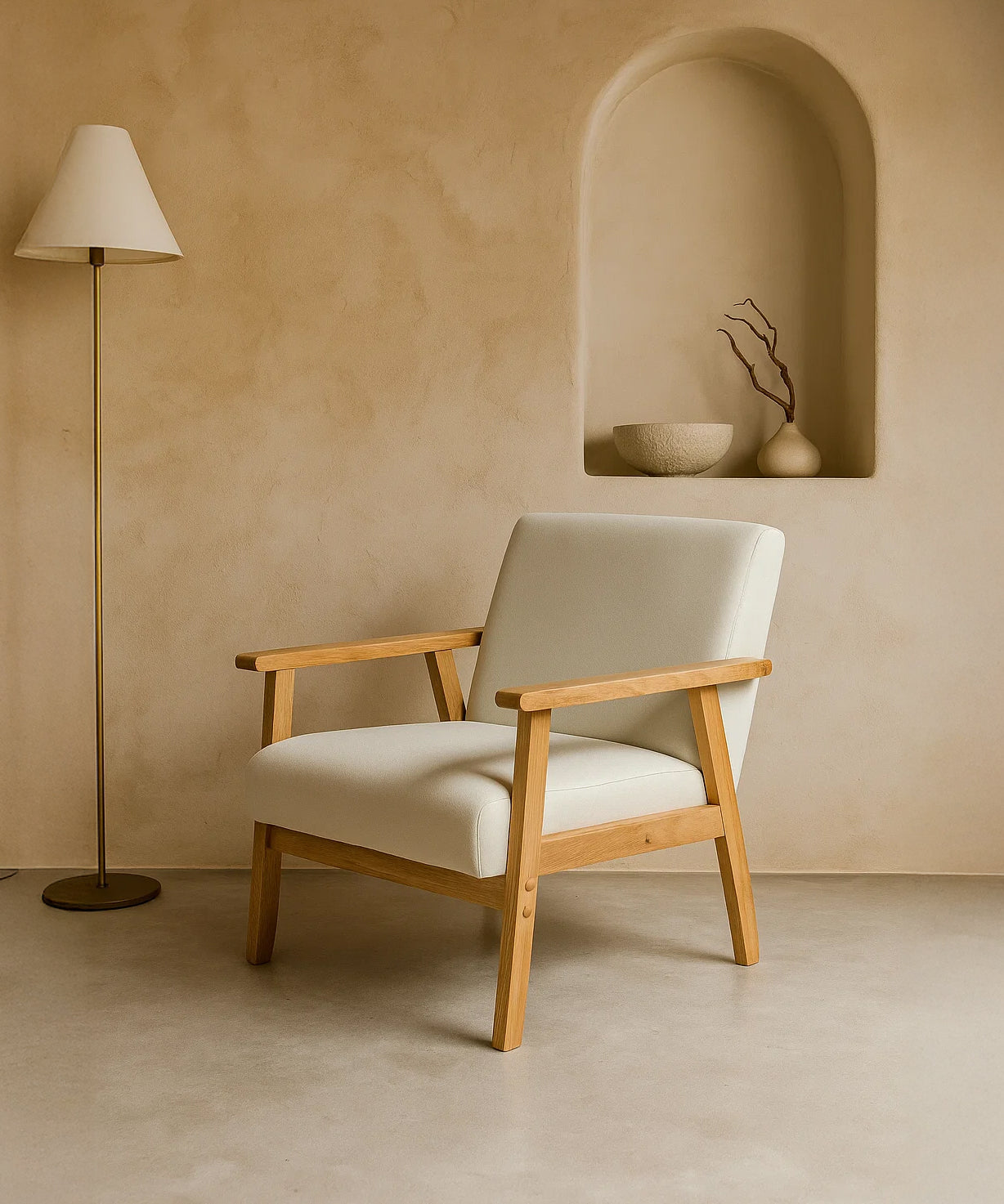 Sarria Mid-century Upholstered Armchair (Arena Beige Fabric) – Scandinavian Style 1 Seater Sofa - Marcel Olsen