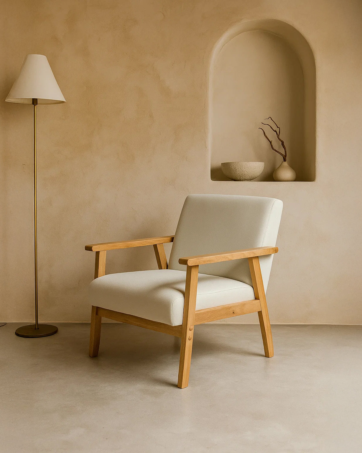 Sarria Mid-century Upholstered Armchair (Arena Beige Fabric) – Scandinavian Style 1 Seater Sofa - Marcel Olsen