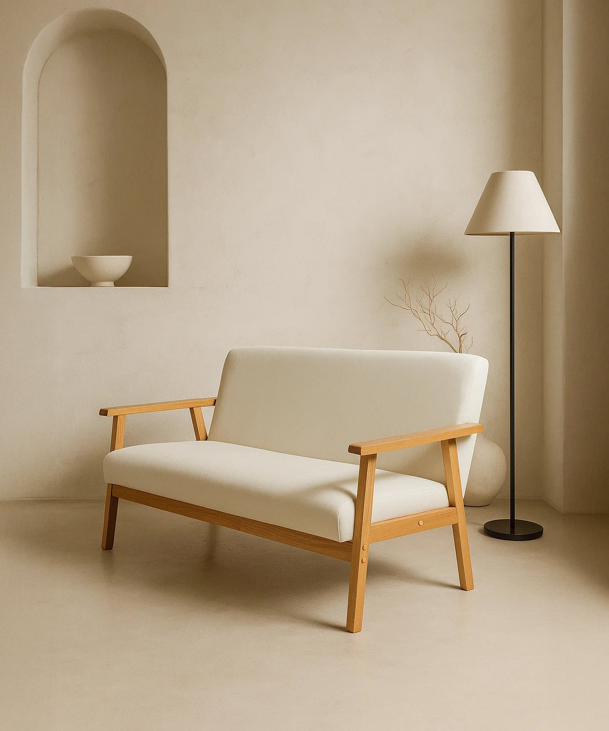 Sarria Mid-century Upholstered Sofa (Arena Beige Fabric) – Scandinavian Style 2 Seater Sofa - Marcel Olsen