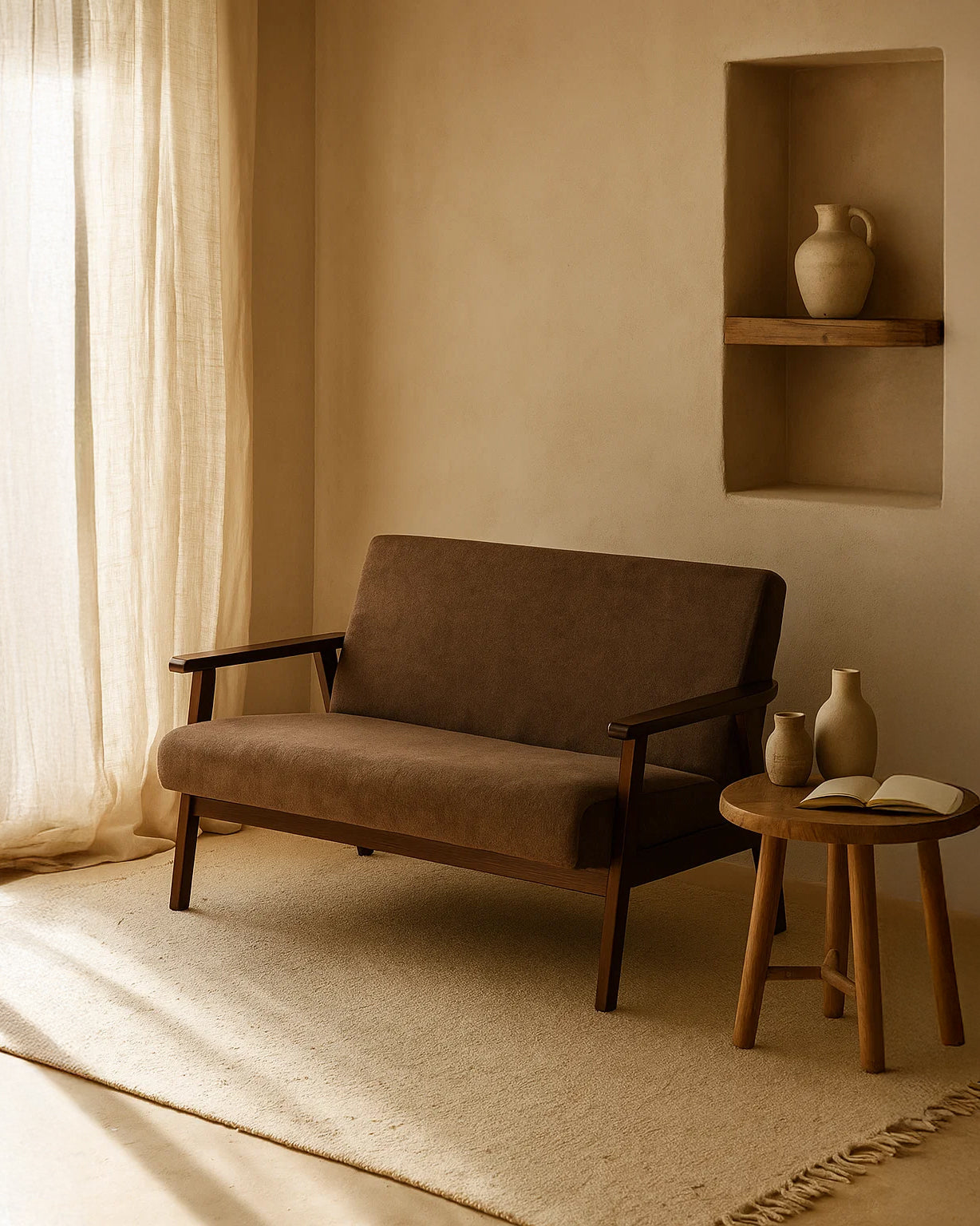 Sarria Mid-century Upholstered Sofa (Tierra Brown Fabric) – Scandinavian Style 2 Seater Sofa - Marcel Olsen