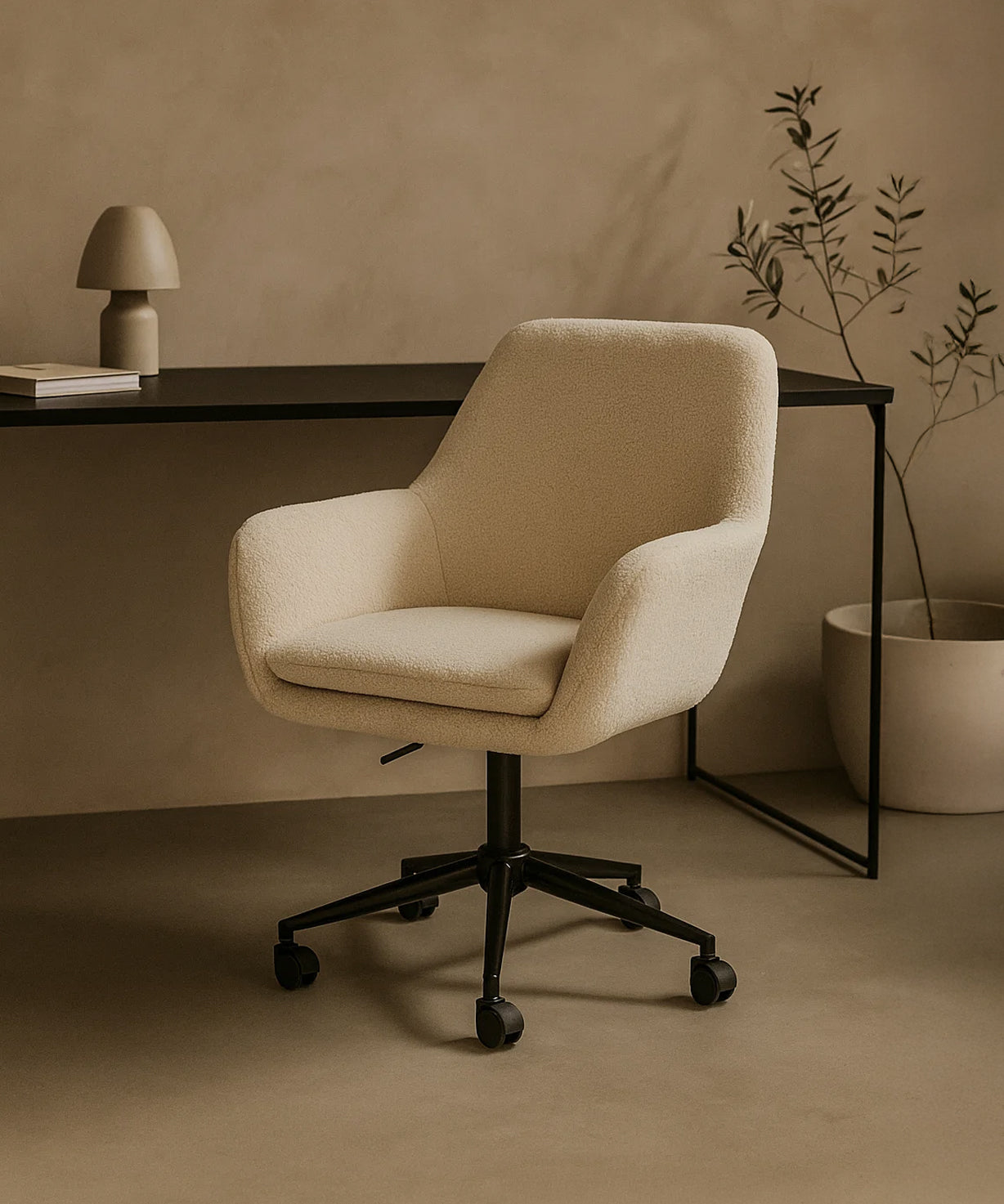 Sheepskin Upholstered Desk Chair (Sahara Beige Bouclé) – Modern Home Office Swivel Chair - Marcel Olsen