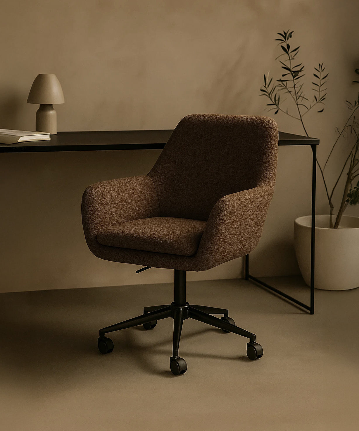Sheepskin Upholstered Desk Chair (Smoked Oak Brown Bouclé) – Modern Home Office Swivel Chair - Marcel Olsen