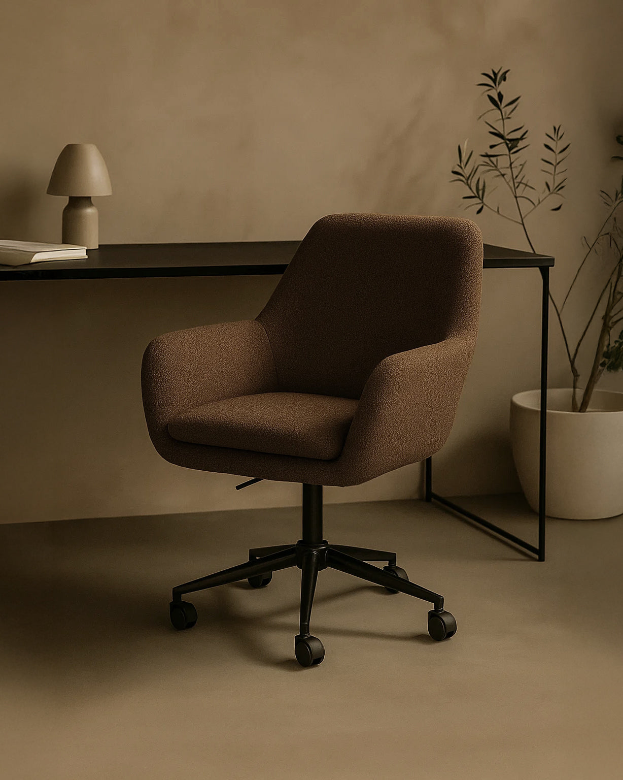 Sheepskin Upholstered Desk Chair (Smoked Oak Brown Bouclé) – Modern Home Office Swivel Chair - Marcel Olsen