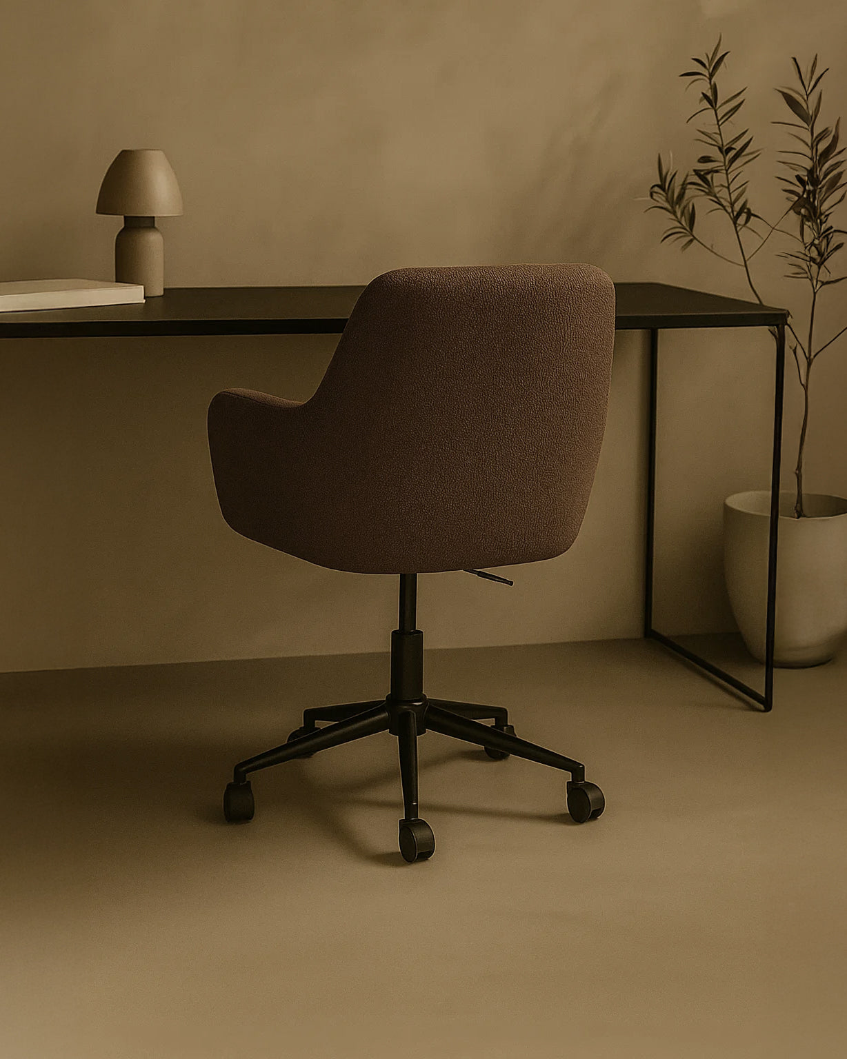 Sheepskin Upholstered Desk Chair (Smoked Oak Brown Bouclé) – Modern Home Office Swivel Chair - Marcel Olsen