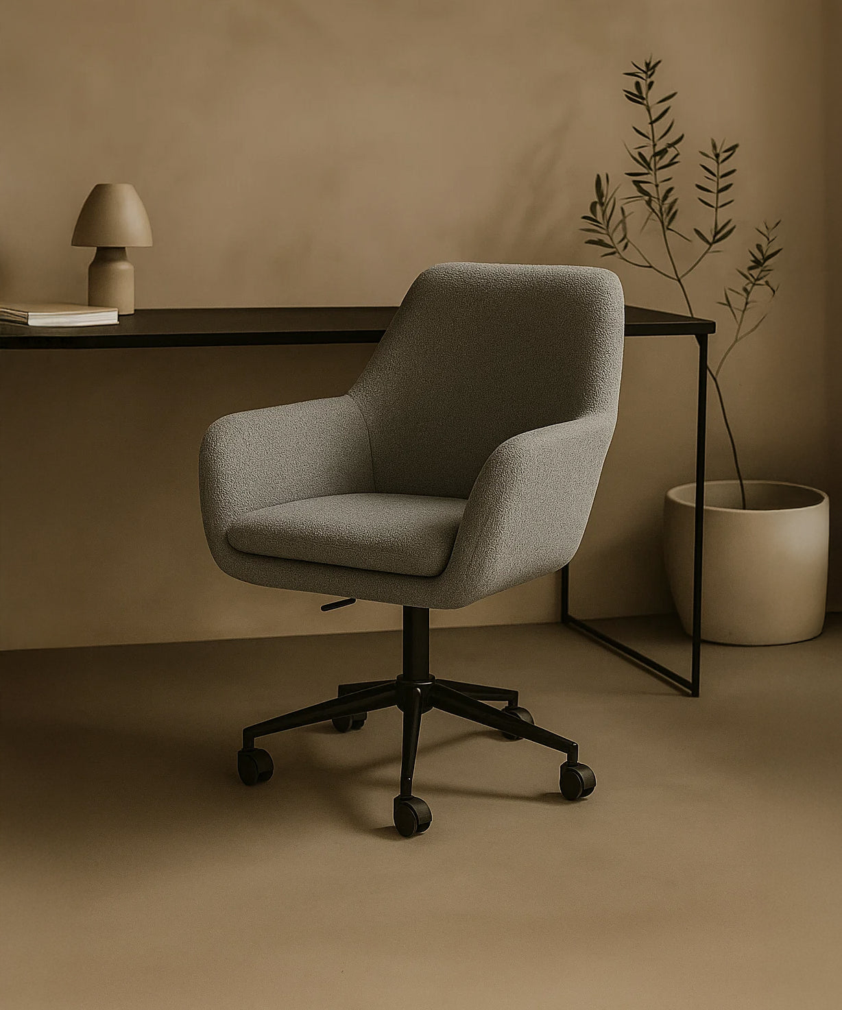 Sheepskin Upholstered Desk Chair (Troender Grey Bouclé) – Modern Home Office Swivel Chair - Marcel Olsen