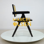 Chiva Rattan & Wood Dining Chair (Ebony) – Rustic Boho Upholstered Chair with Armrests (Outlet) Outlet Products - Marcel Olsen