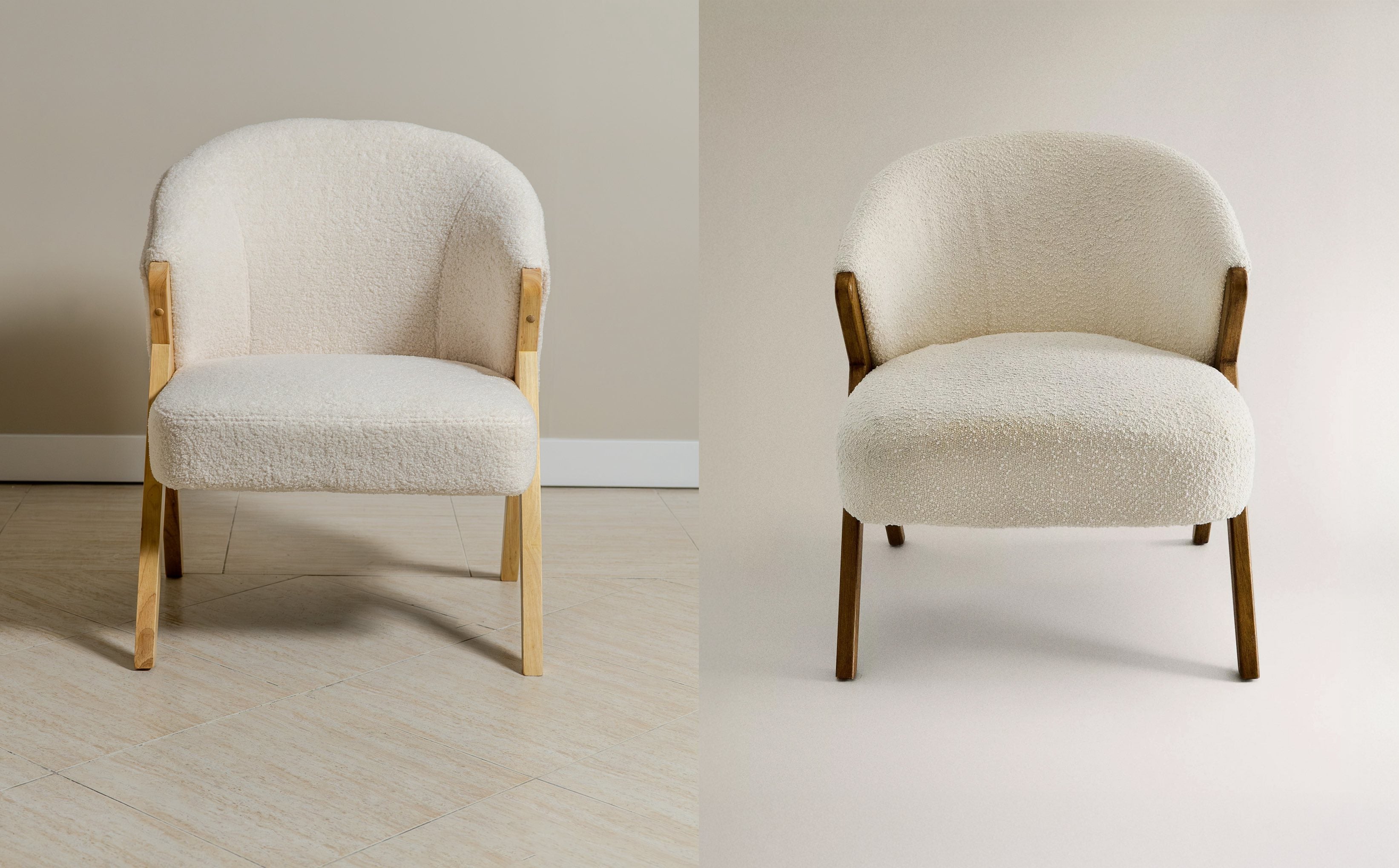 A modern bouclé armchair with a curved silhouette, soft textured upholstery, and a cozy, inviting design, styled in a minimalist living room.