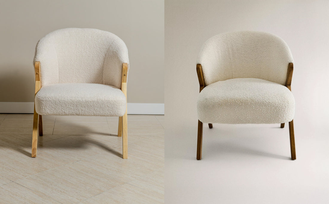 A modern bouclé armchair with a curved silhouette, soft textured upholstery, and a cozy, inviting design, styled in a minimalist living room.