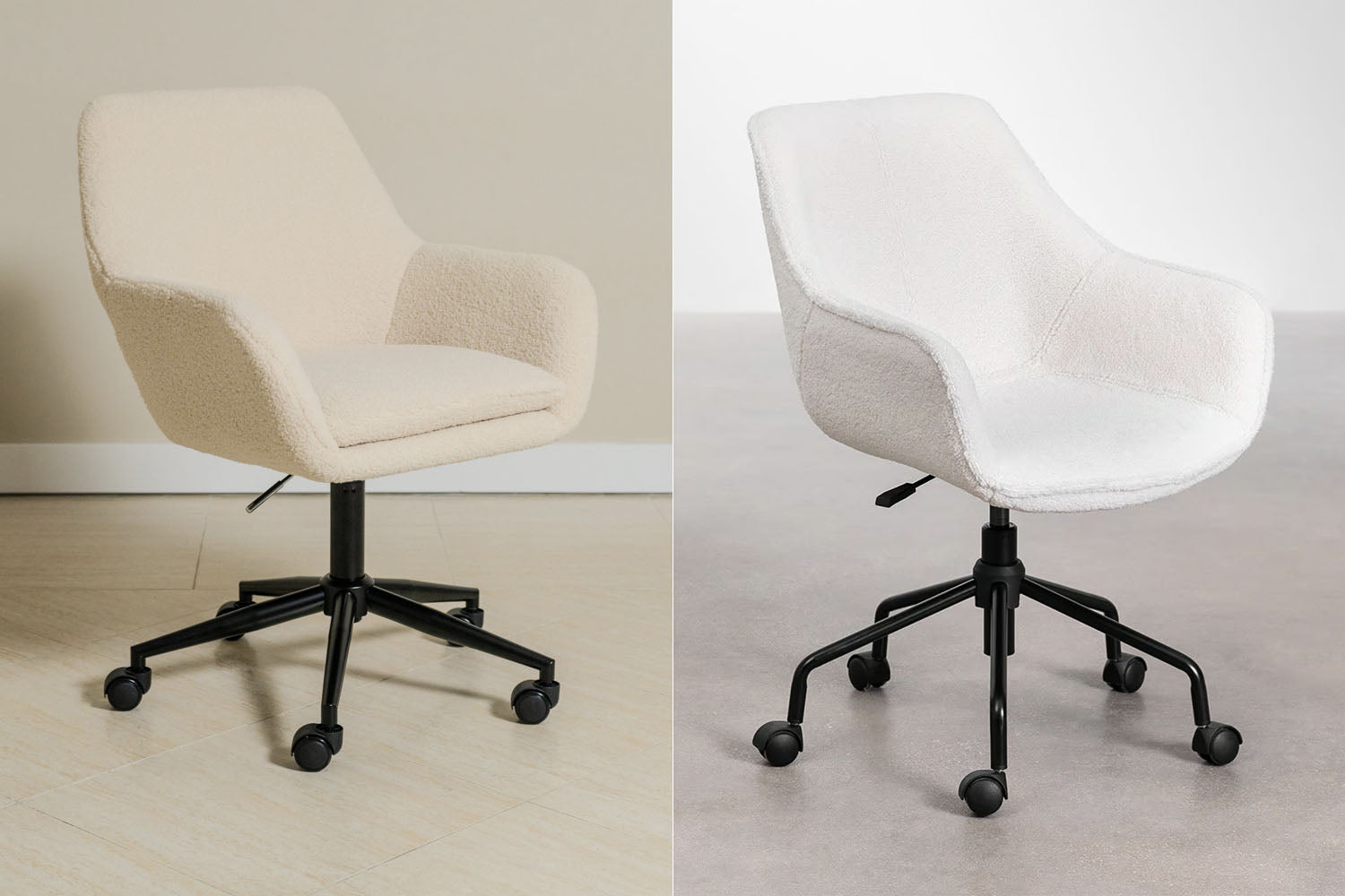 A stylish Marcel Olsen Sheepskin Desk Chair featuring plush bouclé-style upholstery, a modern black swivel base with casters, and a soft, curved design, perfect for a contemporary home office.