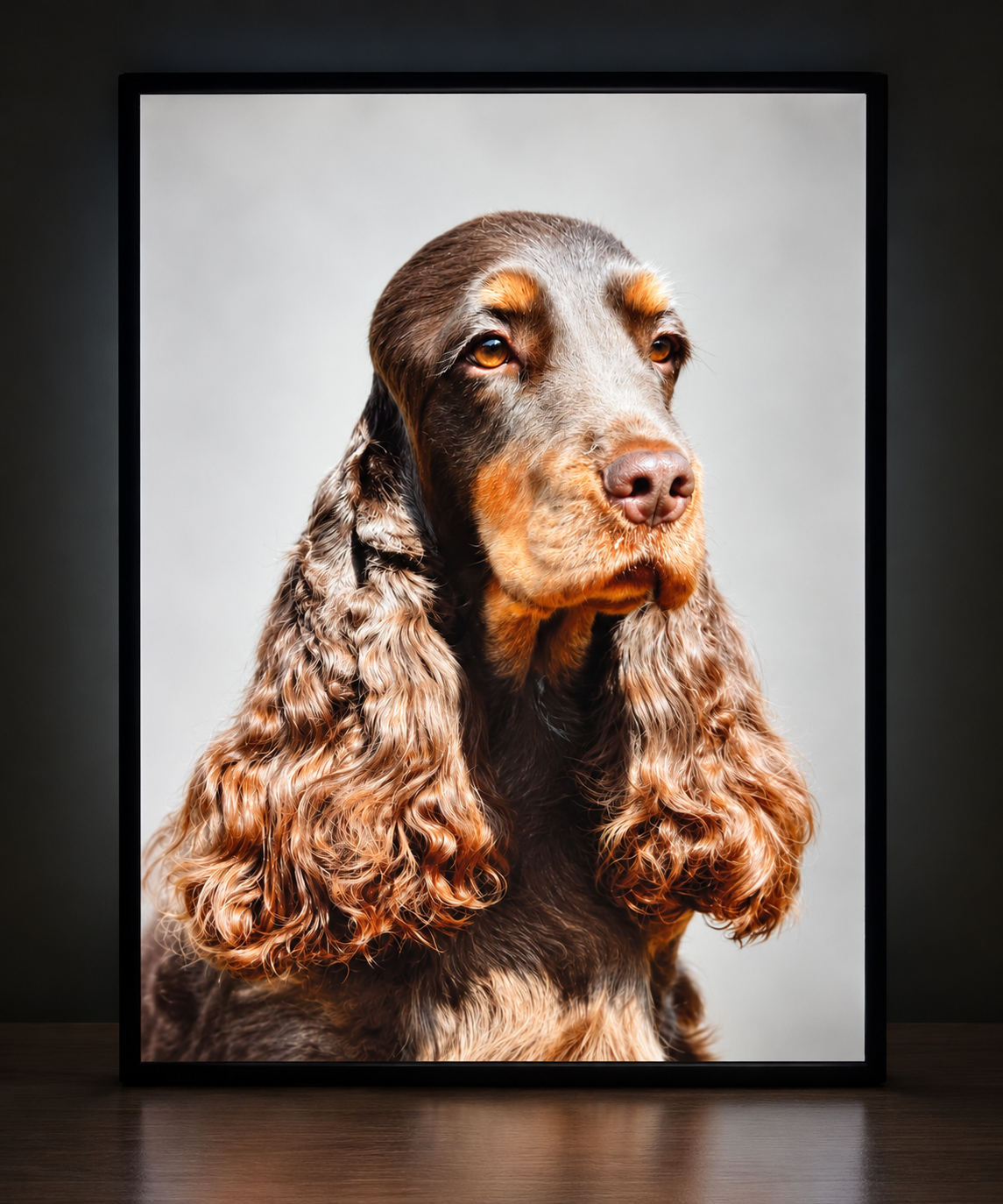 Illuminated wall art featuring a brown and tan cocker spaniel portrait