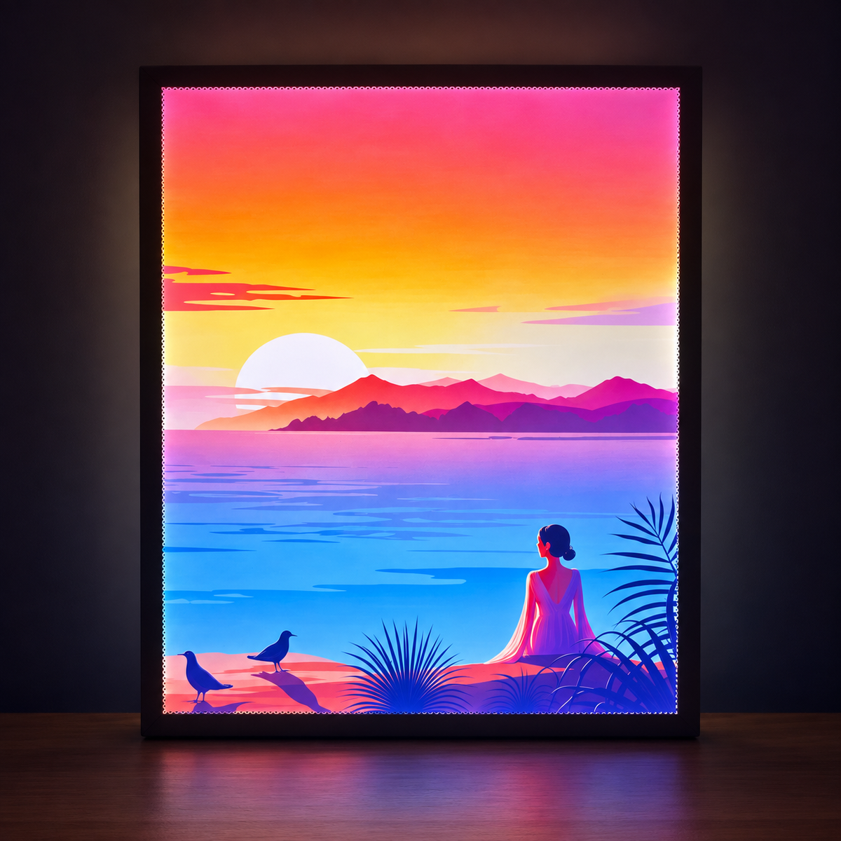 Illuminated wall art showing a colourful sunset over the sea with mountains, birds and a seated woman
