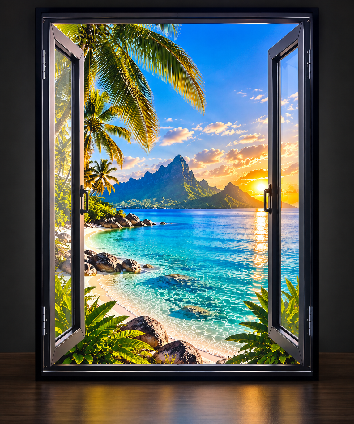 Illuminated wall art showing a tropical beach and mountain sunset viewed through open window frames