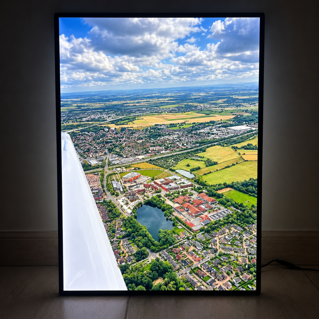 Illuminated wall art showing an aerial view from an airplane over a town, lake and countryside