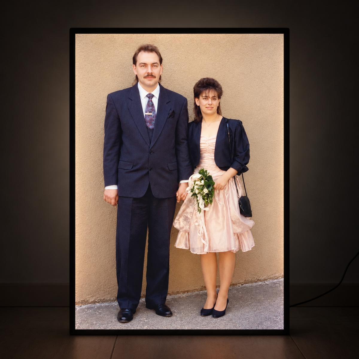 Illuminated photo lightbox featuring a vintage wedding portrait