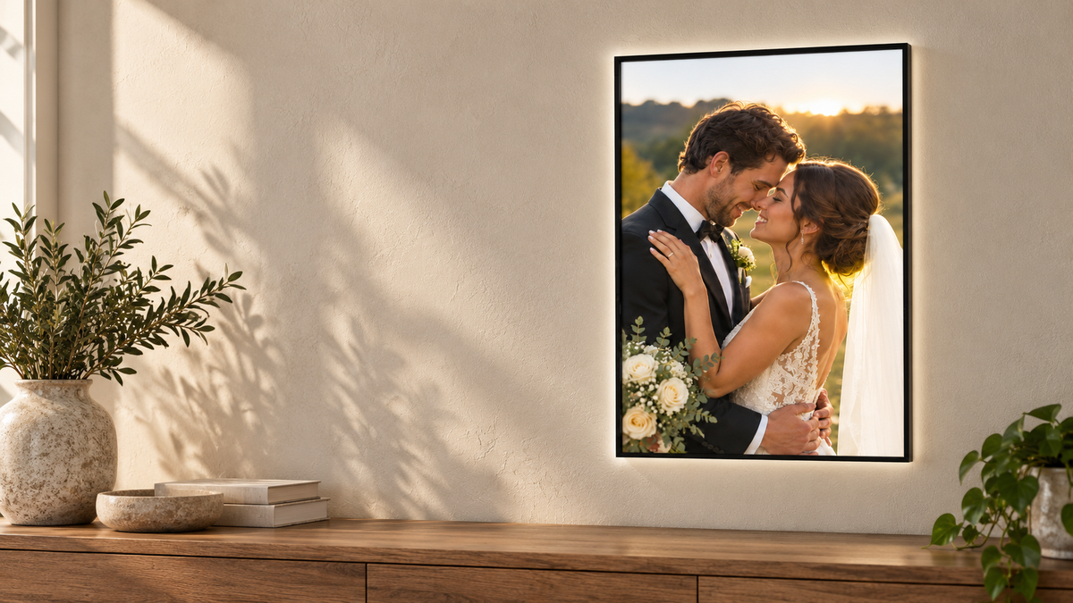 Personalised illuminated wedding photo displayed in a calm contemporary home