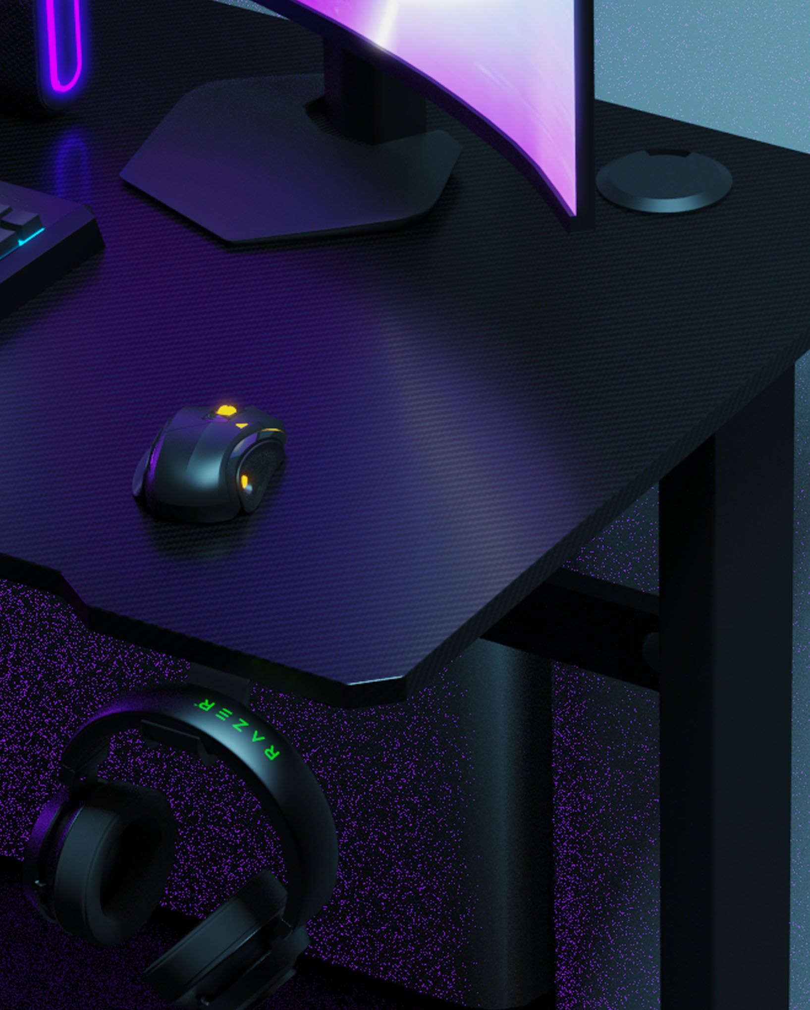 Core 120 Gaming Desk | LEDs, Headphone & Drink Mounts (Carbon Fibre Black, 120cm) Gaming Desk - Gaming