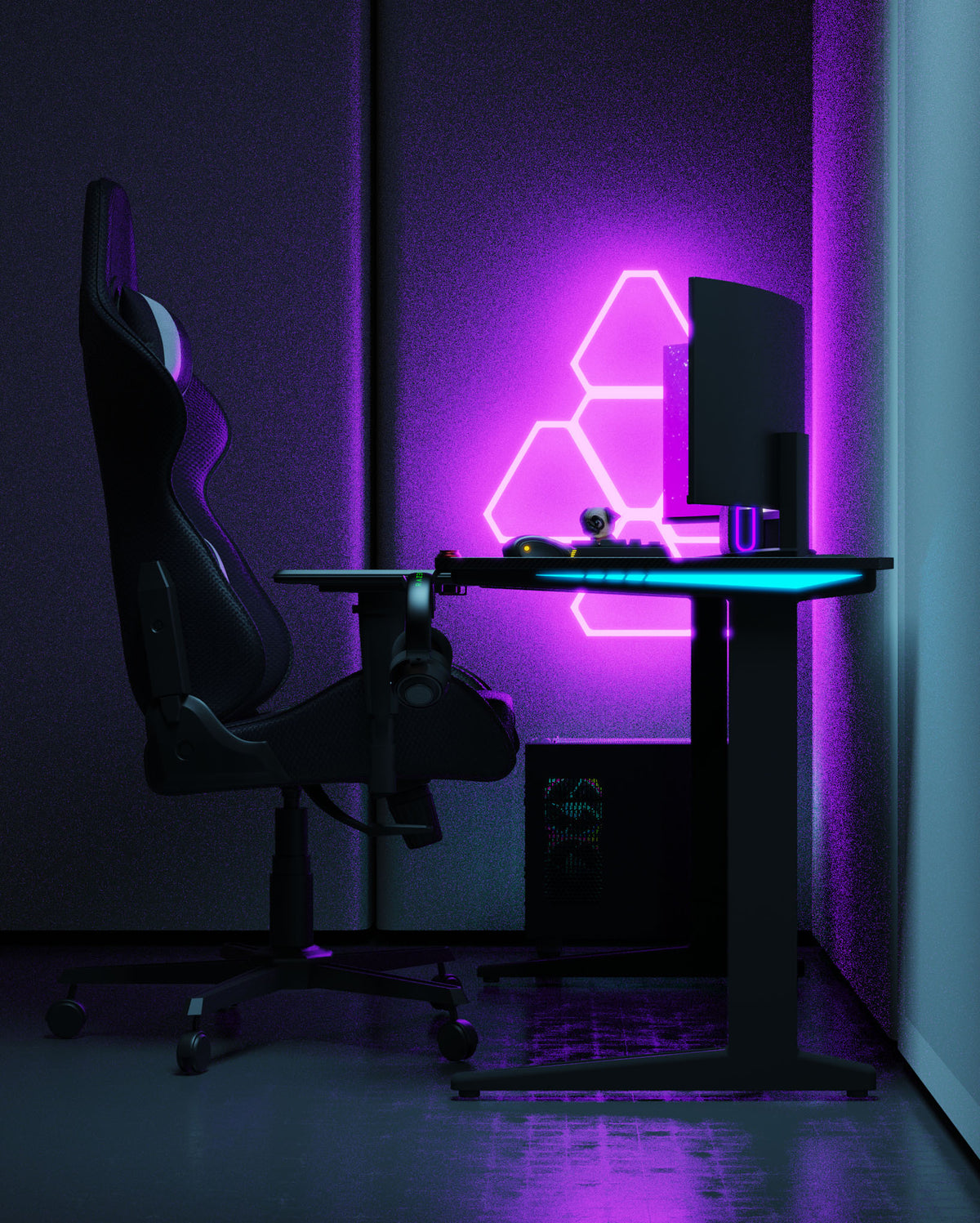 Core 120 Gaming Desk | LEDs, Headphone & Drink Mounts (Carbon Fibre Black, 120cm) Gaming Desk - Gaming
