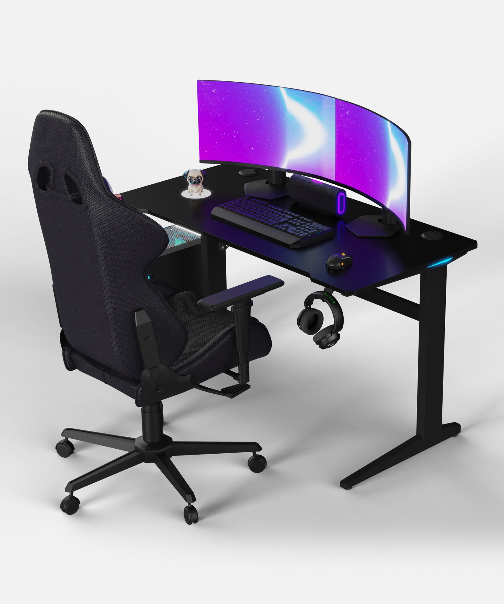 Core 120 Gaming Desk | LEDs, Headphone & Drink Mounts (Carbon Fibre Black, 120cm) Gaming Desk - Gaming