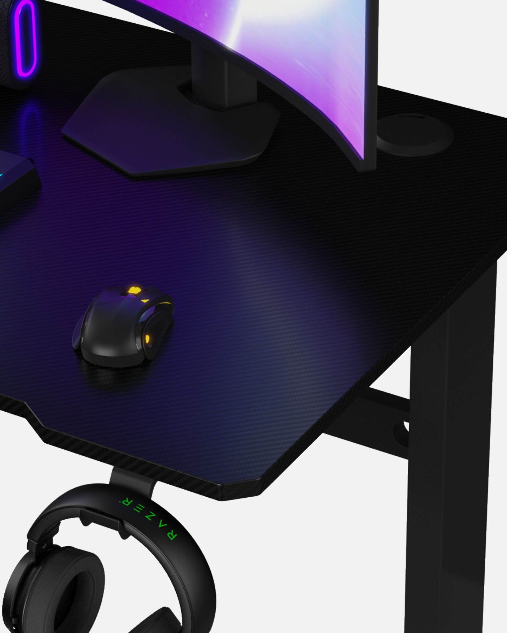 Core 120 Gaming Desk | LEDs, Headphone & Drink Mounts (Carbon Fibre Black, 120cm) Gaming Desk - Gaming