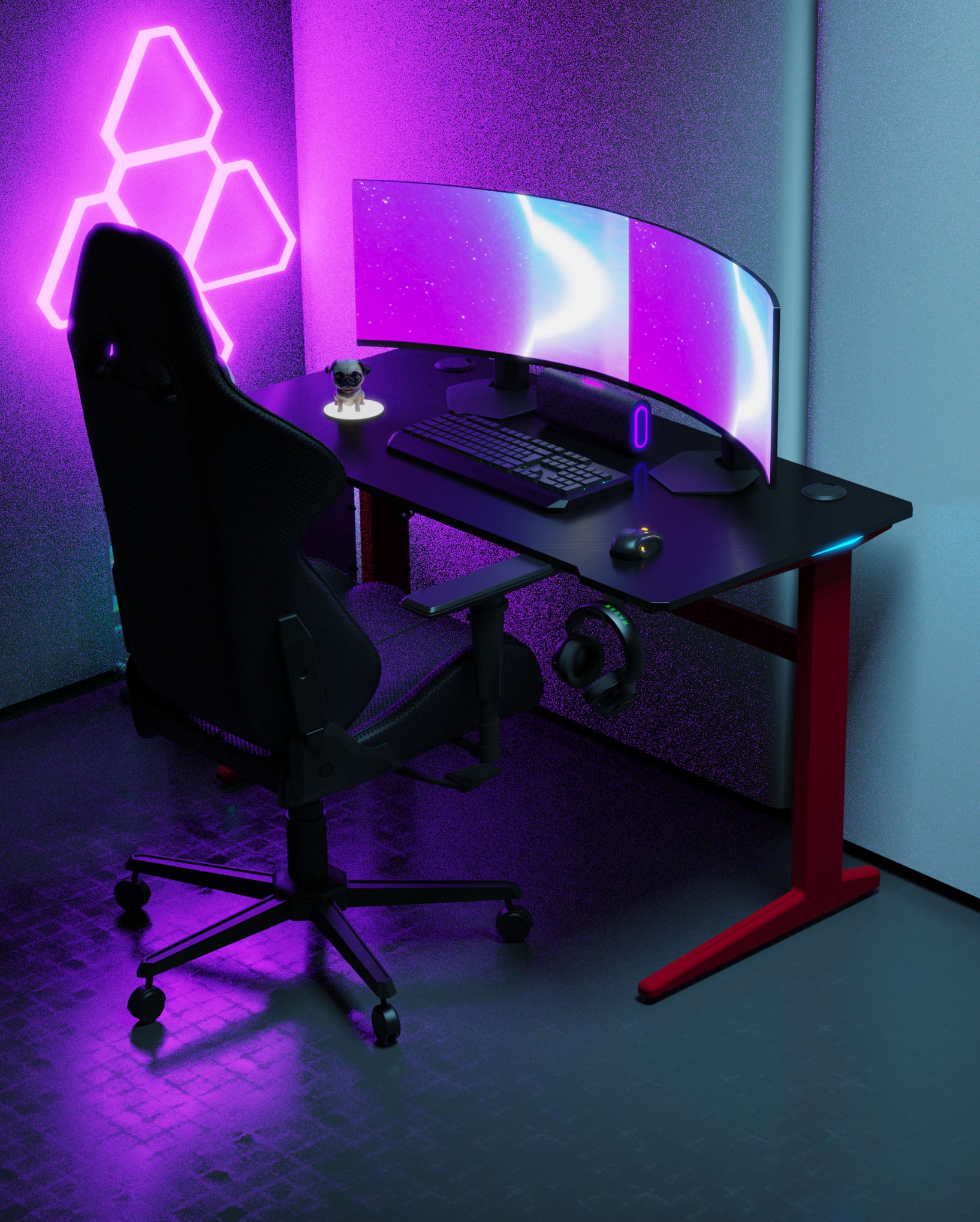 Core 120 Gaming Desk | LEDs, Headphone & Drink Mounts (Carbon Fibre Red, 120cm) Gaming Desk - Gaming