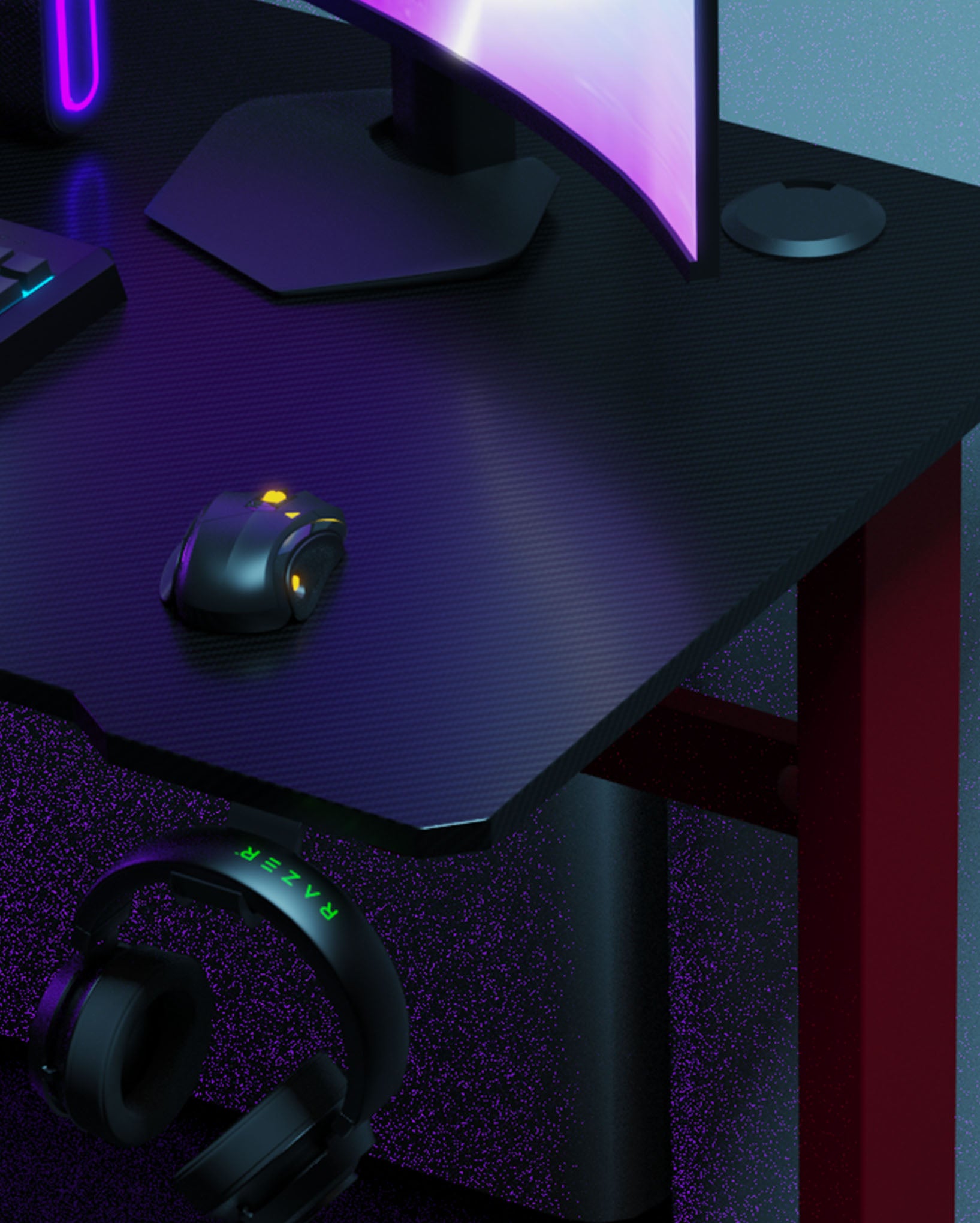 Core 120 Gaming Desk | LEDs, Headphone & Drink Mounts (Carbon Fibre Red, 120cm) Gaming Desk - Gaming