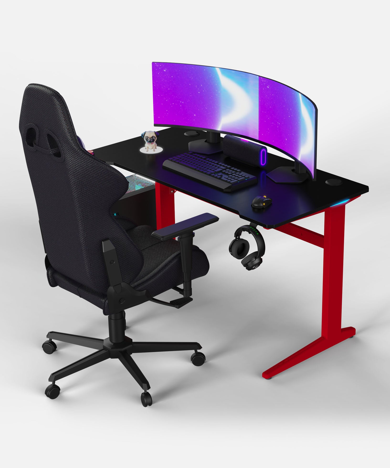 Core 120 Gaming Desk | LEDs, Headphone & Drink Mounts (Carbon Fibre Red, 120cm) Gaming Desk - Gaming