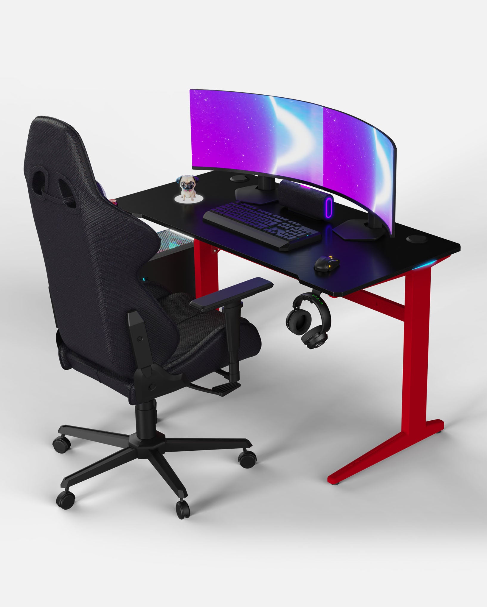 Core 120 Gaming Desk | LEDs, Headphone & Drink Mounts (Carbon Fibre Red, 120cm) Gaming Desk - Gaming