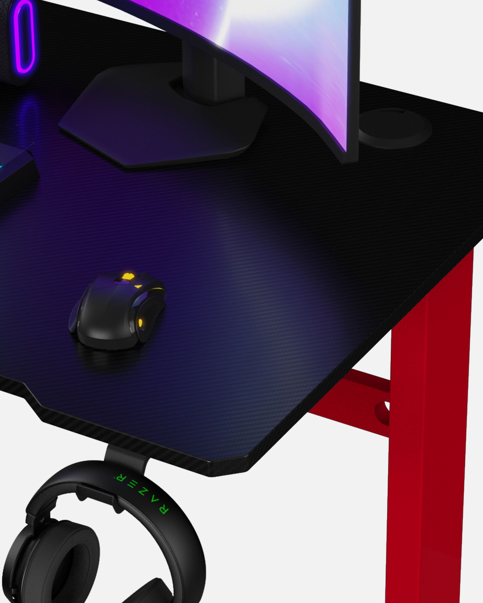 Core 120 Gaming Desk | LEDs, Headphone & Drink Mounts (Carbon Fibre Red, 120cm) - Outlet Gaming Desk - Marcel Olsen