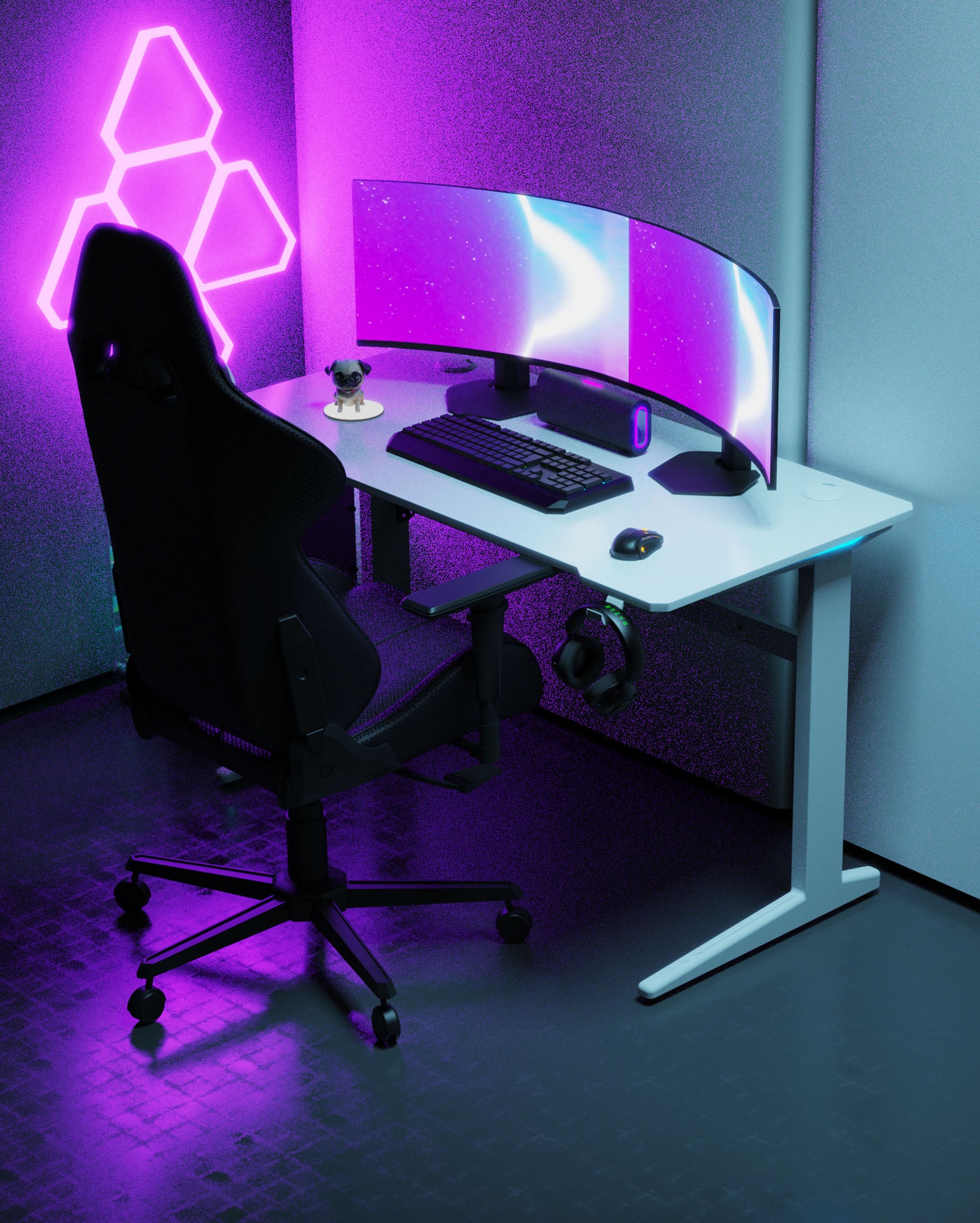 Core 120 Gaming Desk | LEDs, Headphone & Drink Mounts (Carbon Fibre White, 120cm) Gaming Desk - Gaming