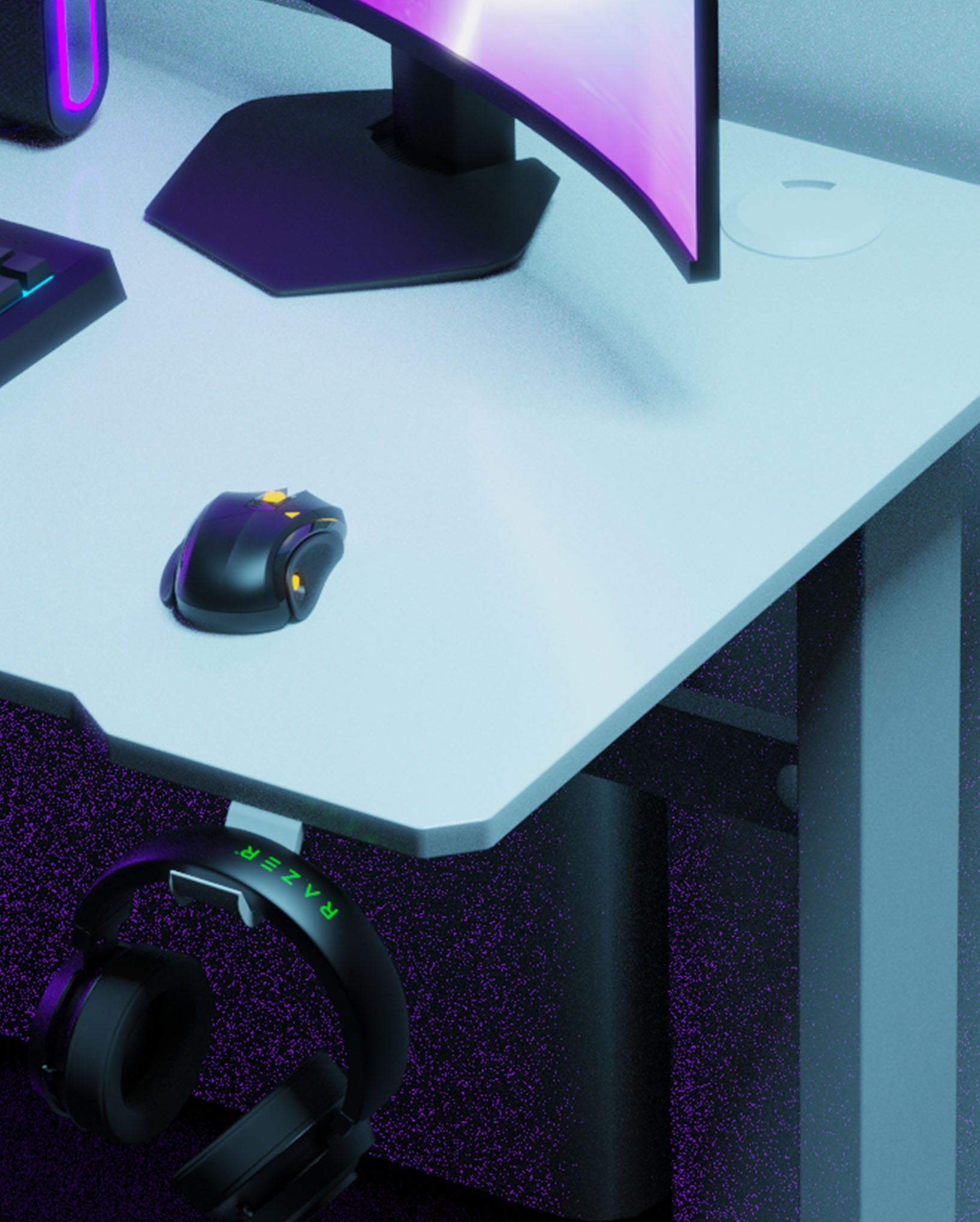 Core 120 Gaming Desk | LEDs, Headphone & Drink Mounts (Carbon Fibre White, 120cm) Gaming Desk - Gaming