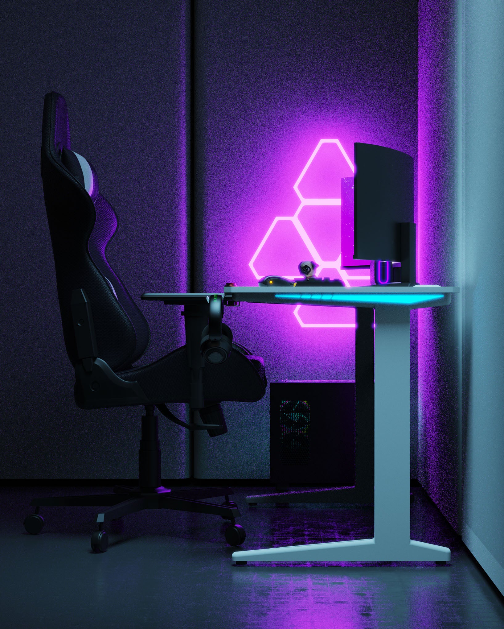 Core 120 Gaming Desk | LEDs, Headphone & Drink Mounts (Carbon Fibre White, 120cm) Gaming Desk - Gaming
