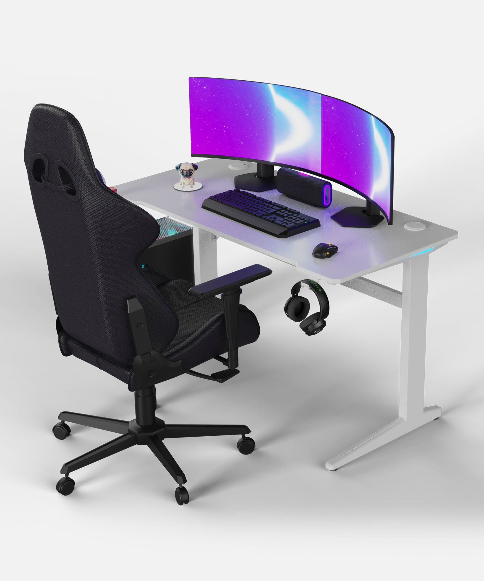 Core 120 Gaming Desk | LEDs, Headphone & Drink Mounts (Carbon Fibre White, 120cm) Gaming Desk - Gaming
